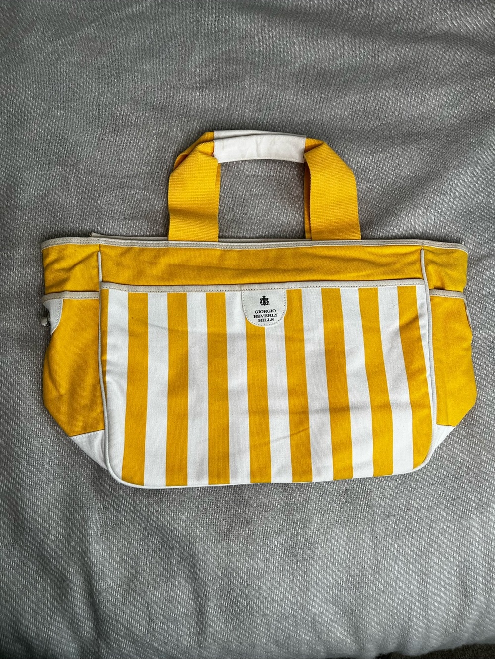 Vtg Giorgio Beverly Hills Yellow White Stripe Canvas Tote Bag Vinyl Lined 20x12”